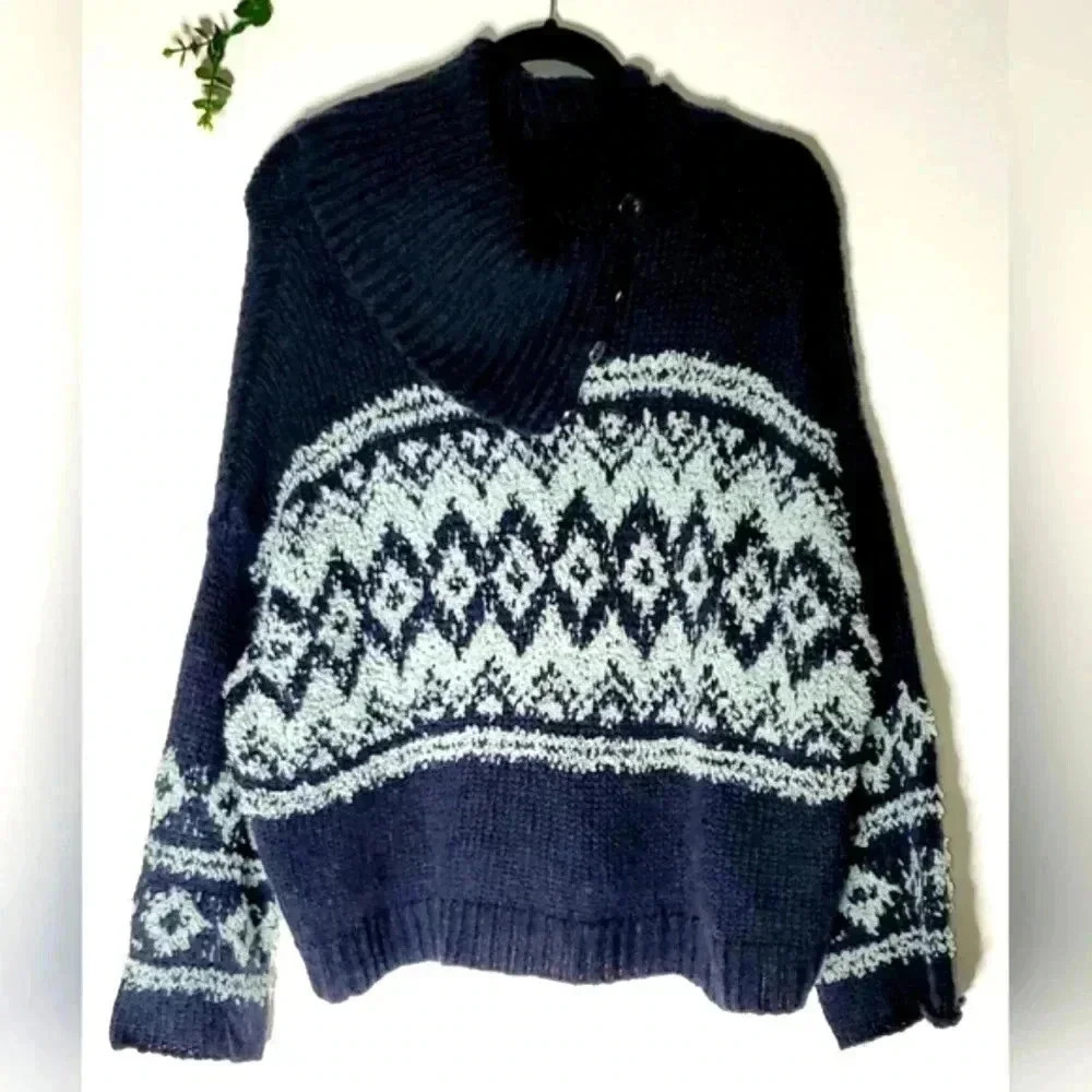 Free People  Wool Blend Aztec Chunky Knit Boxy Cropped Cowl Neck Sweater …